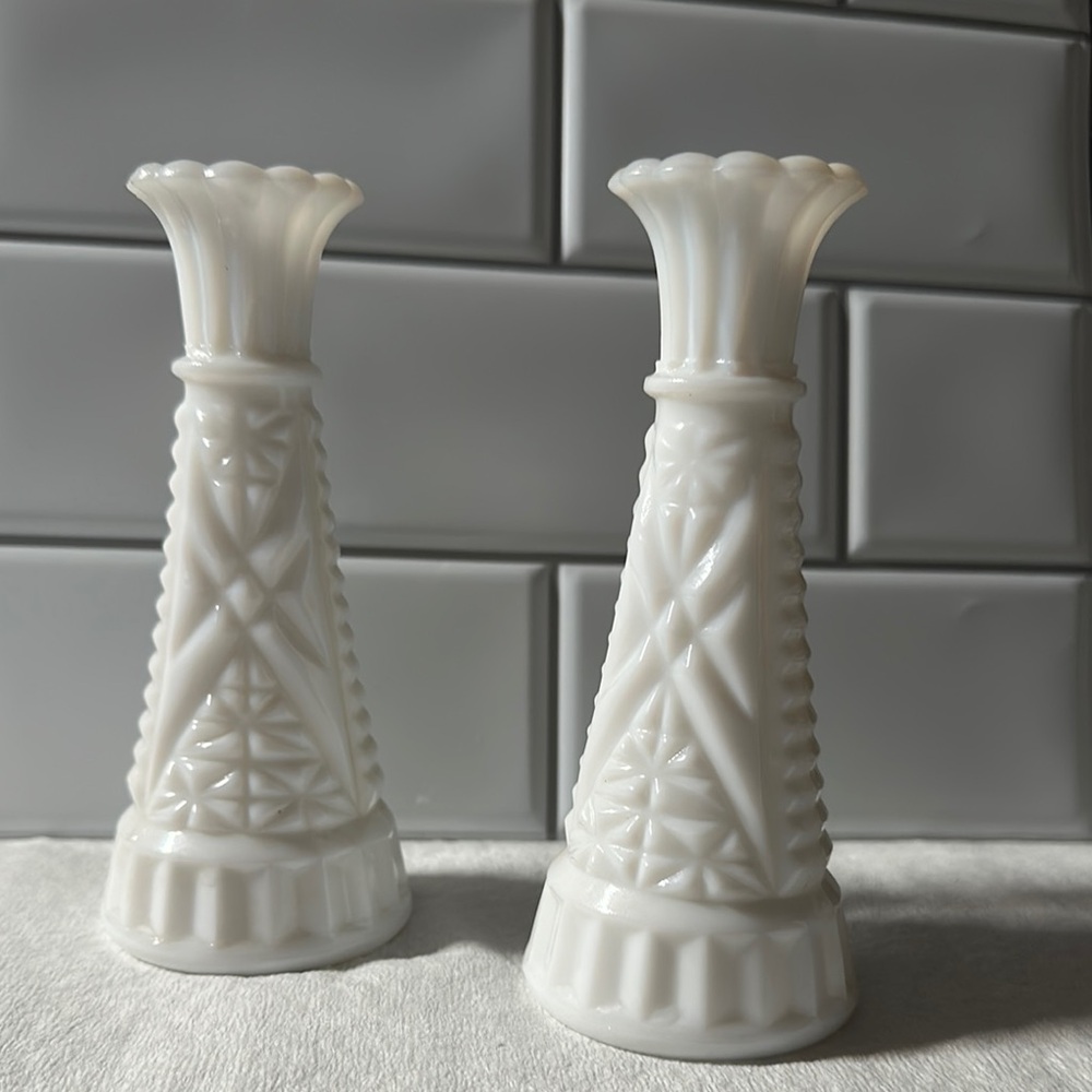 2 x Vintage Milk Glass Candle Stick Holders / Vases / Home Decor / Mod Geometric